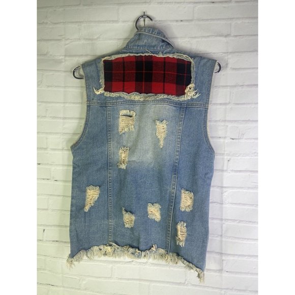 UNIF Womens Small Denim Jean Button Up Front Vest Distressed Destroyed Patches - Picture 2 of 12